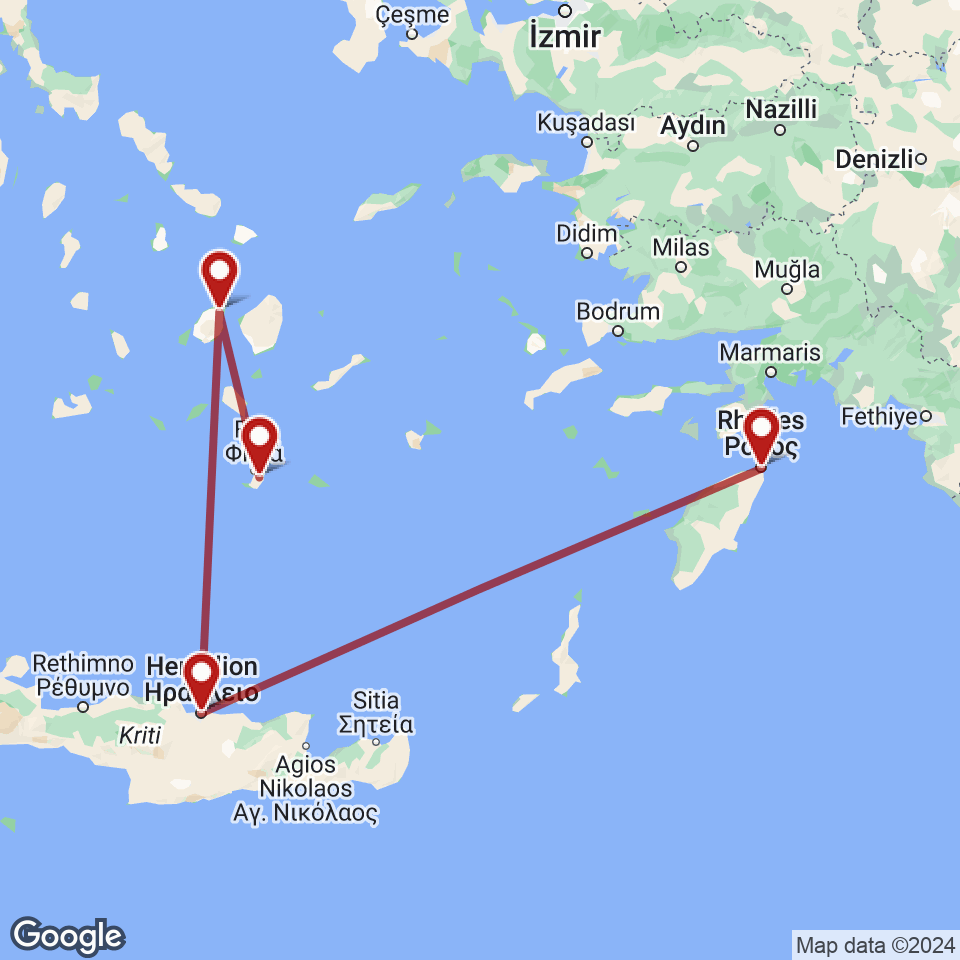 Route for Rhodes, Heraklion, Paros, Santorini tour